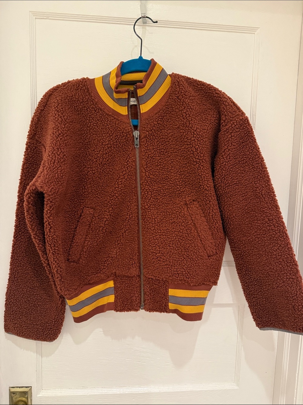 Madewell Brown Sherpa Bomber Jacket with Striped Rib Trim size XXS